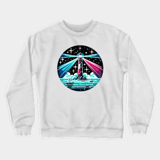 Neon Lighthouse Harbor Night Art Crewneck Sweatshirt